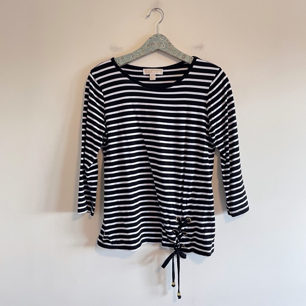 Michael Kors Black and White Stripe Long Sleeve Tee
